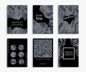 Creative hand drawn cards in silver and black. Wavy striped vector background. Deformed space. Abstract festive design. Set backgrounds. Expensive, luxurious, shiny, metal. Vector illustration EPS 10