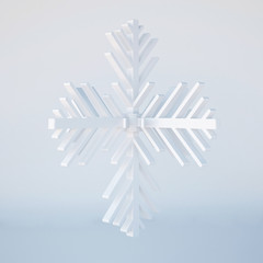 3d illustration. White abstract winter background. Three-dimensional snowflake in perspective. Render