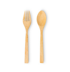 Set of fork and spoon wooden isolated on white background