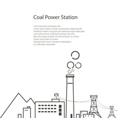 Fototapeta premium Coal Power Station Isolated on White Background, Complex Industrial Facilities with the Power Line, Energy Industry, Poster Brochure Flyer Design, Vector Illustration