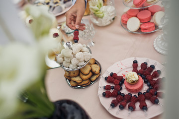 Man's hand tries to get a cookie from the serving dish