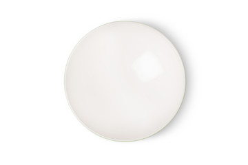Top view of empty white ceramic bowl on white background