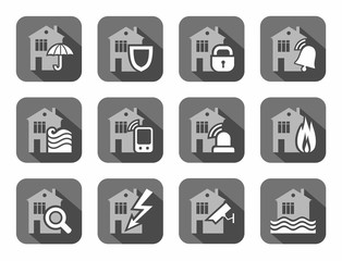 Home security systems, home insurance, flat icons, gray. Safety of living and working space. Vector gray-white icons on gray background with shadow. 