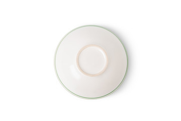 Top view of empty white ceramic bowl on white background