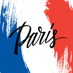 Handwritten inscription Paris and brush strokes in colors of the national flag of France. Hand drawn lettering. Calligraphic element for your design. Vector illustration.