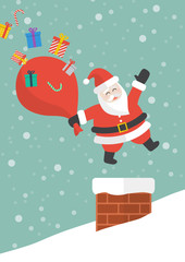 Santa claus with red big bag jumping in the chimney