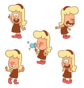 Vector cartoon set of cute little girls: admiring at something, dancing and smiling, screaming on someone, blowing bubbles and pointing finger up on a white background. Color image with brown tracings