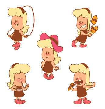 Vector cartoon set of cute little girls: singing into a microphone, with a hat, with maracas, jumping with a skipping rope and drinking from a cup on white background. Color image with brown tracings.
