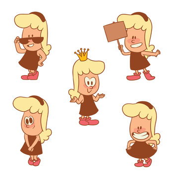Vector cartoon set of cute little girls: with banner in her hand, standing shyly, making a curtsy, standing in sunglasses and with a crown on head on white background. Color image with brown tracings.