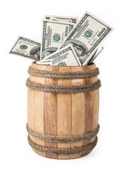 Wooden barrel with hundred dollar bills