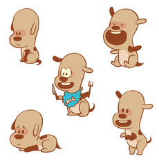 Vector cartoon set of funny little dogs: sitting sadly, sitting with his mouth open, with knife and fork, laying sad and standing on hind legs on a white background. Color image with a brown tracings.