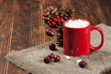 Mug Of Hot Chocolate Or Coffee With Marshmallows. Christmas Deco