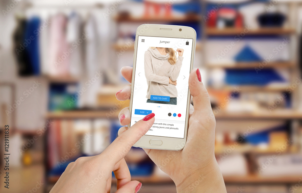 Poster online shopping with smart phone on e commerce web site or app. clothing store in the background.