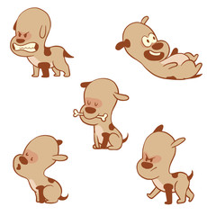 Vector cartoon set of funny little dogs: baring his fangs, lying on his back, with a bone in mouth, sitting and howling and walking somewhere on a white background. Color image with a brown tracings.