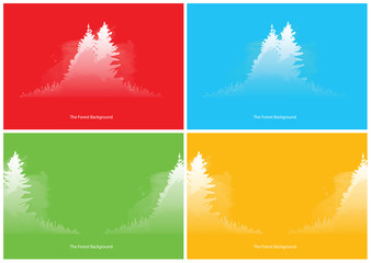 Vector set of images of the forest backgrounds. Wild coniferous forest in the morning mist. Vector backgrounds of white coniferous trees on a red, blue, green and yellow background. Foggy valley.