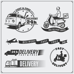 Fototapeta na wymiar Delivery Service labels, emblems, badges and design elements. 24 Hours food delivery. Vector monochrome Illustration. Vintage style.