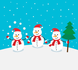 snowman on winter background with snowballs and christmas tree