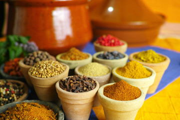 Collection of different spices in old clay bowls in colorful oriental style