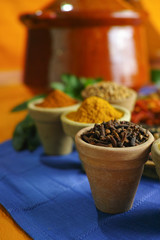 Collection of different spices in old clay bowls in colorful oriental background