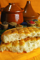 Traditional fresh Turkish bread pita and collection of different spices