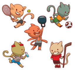 Vector set of cute cats of different colors in various clothes involved in sports: playing tennis, playing football, engaged in weightlifting, jogging and playing hockey on a white background.