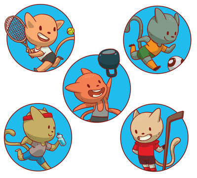 Vector set of round blue frames with cartoon images of cute cats involved in sports: playing tennis, playing football, engaged in weightlifting, jogging and playing hockey on a white background.