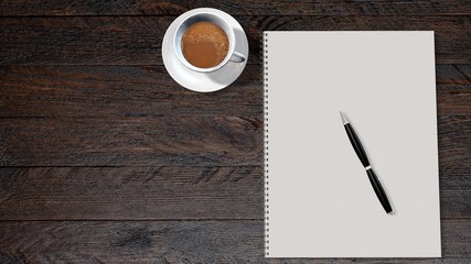 office table of businessman with coffee and white spiral bound paper drawing pad