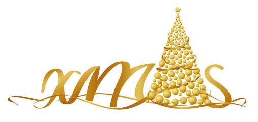 Christbaum aus goldenen Kugeln mit Schleife im Xmas Schriftzug