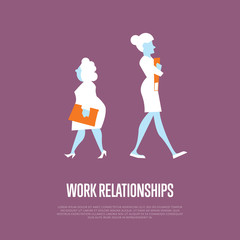 Two business women with folders go in opposite directions. Work relationships banner, isolated vector illustration on perpl background. Businesspeople, office life, corporate culture. Teamwork concept