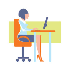Young business woman using desktop computer in office. Business people banner, isolated vector illustration on white background. Office life, business process. Office modern workplace with computer.