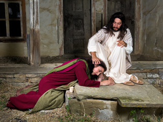 Mary Magdalene crying of shame and anointing Jesus' feet
