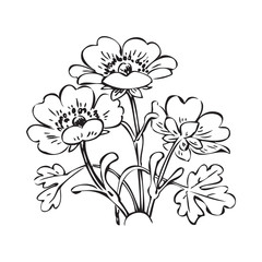 Floral bush retro black on white background vector, hand drawn decorative flower vintage contour, closeup branch with flowers print design