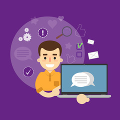 Smiling cartoon boy holding laptop with speech bubbles on screen. Social media banner on perpl background with communication icons, vector illustration. Chatting, international network, media app