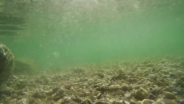 Shallow lake water with rocky bottom and sun rays beaming, underwater view