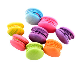 colourful french macaroons or macaron on white background