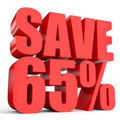 Discount 65 percent off. 3D illustration on white background.
