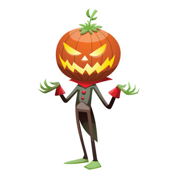 Vector cartoon image of Jack O' Lantern with orange pumpkin instead of a head, in a green-black tail coat, standing and smiling on a white background. Halloween. Vector illustration.