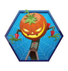 Vector blue hexagonal frame with spider web and with cartoon image of Jack O' Lantern with pumpkin instead of a head, in a green-black tail coat frightening someone on a white background. Halloween.