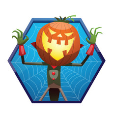 Vector blue hexagonal frame with spider web and with cartoon image of Jack O' Lantern with pumpkin instead of a head, in a green-black tail coat standing and laughing on a white background. Halloween.