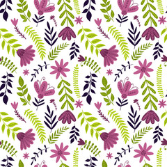 Seamless pattern with decorative flowers and plants. All the elements are under the mask. Pattern in the swatches. Vector illustration.