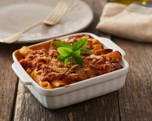 Baked Pasta with ragù and mushrooms