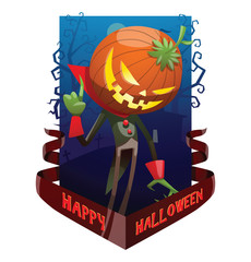 Vector dark blue card "Happy Halloween" with bare trees, a cemetery, a red banner and with cartoon image of Jack O' Lantern with pumpkin instead of a head threatening by finger on a white background.