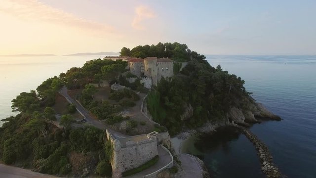 France, Var, Bormes les Mimosas, Aerial view of Br&eacute;gancon Fort, official residence of the President of the Republic, 4K, UHD (3840X2160)