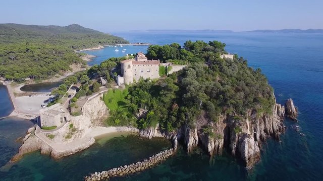 France, Var, Bormes les Mimosas, Aerial view of Br&eacute;gancon Fort, official residence of the President of the Republic, 4K, UHD (3840X2160)