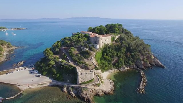 France, Var, Bormes les Mimosas, Aerial view of Br&eacute;gancon Fort, official residence of the President of the Republic, 4K, UHD (3840X2160)