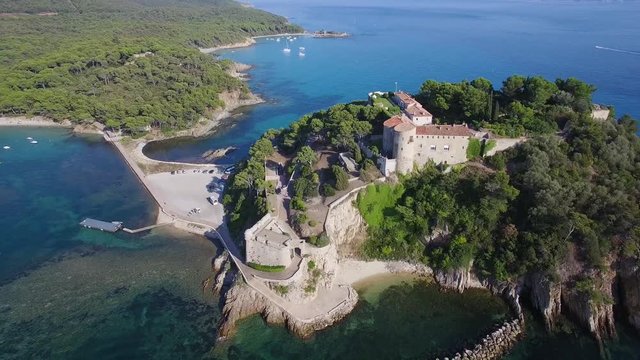 France, Var, Bormes les Mimosas, Aerial view of Br&eacute;gancon Fort, official residence of the President of the Republic, 4K, UHD (3840X2160)