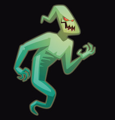 Vector cartoon image of funny light green ghost with red eyes flying and laughing on a black background. Halloween. Spirit, fear, terror. Vector illustration.