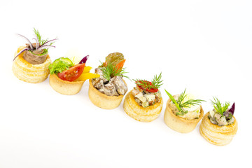 Mini Canape with meat and vegetables in plastic cups