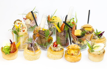 Mini Canape with meat and vegetables in plastic cups