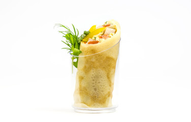 Fototapeta premium Mini Canape with meat and vegetables in plastic cups
